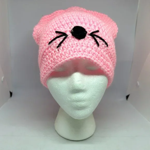 Handmade Crochet Light Pink Knit Cap w/Black Accent OS - Picture 1 of 11
